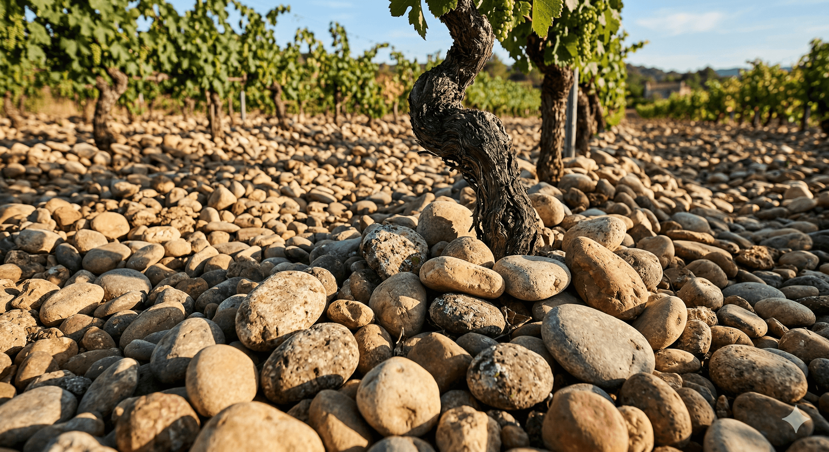 Vignoble avec galets roulés au sol