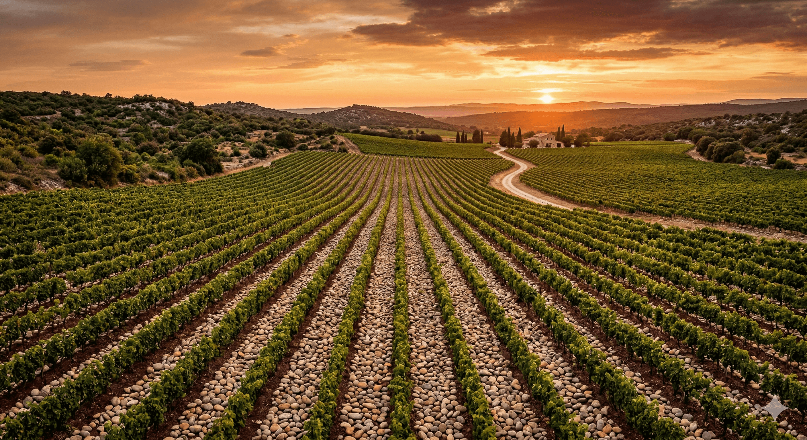 Vignoble au coucher de soleil, Domaine Terre de Galets